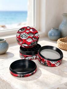 1PC 50MM Dark Graffiti Red Eye Print 4-Layer Grinder, Zinc Alloy Herb Grinder With Screen, Personalized Street Style Portable Grinding Tool - View 2