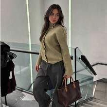 Women's High Neck Ribbed Button-Front Knit Cardigan Sweater, Solid Color Long Sleeve Top For Autumn - Olive Green - View 4