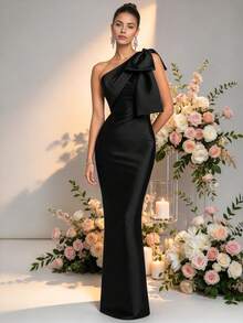 HOMEYEE Women's Navy Blue Fitted Maxi Dress, Elegant Solid Color Party Cocktail Formal Gown With Bow Tie Detail Wedding Black Spring Fall - Black - View 2