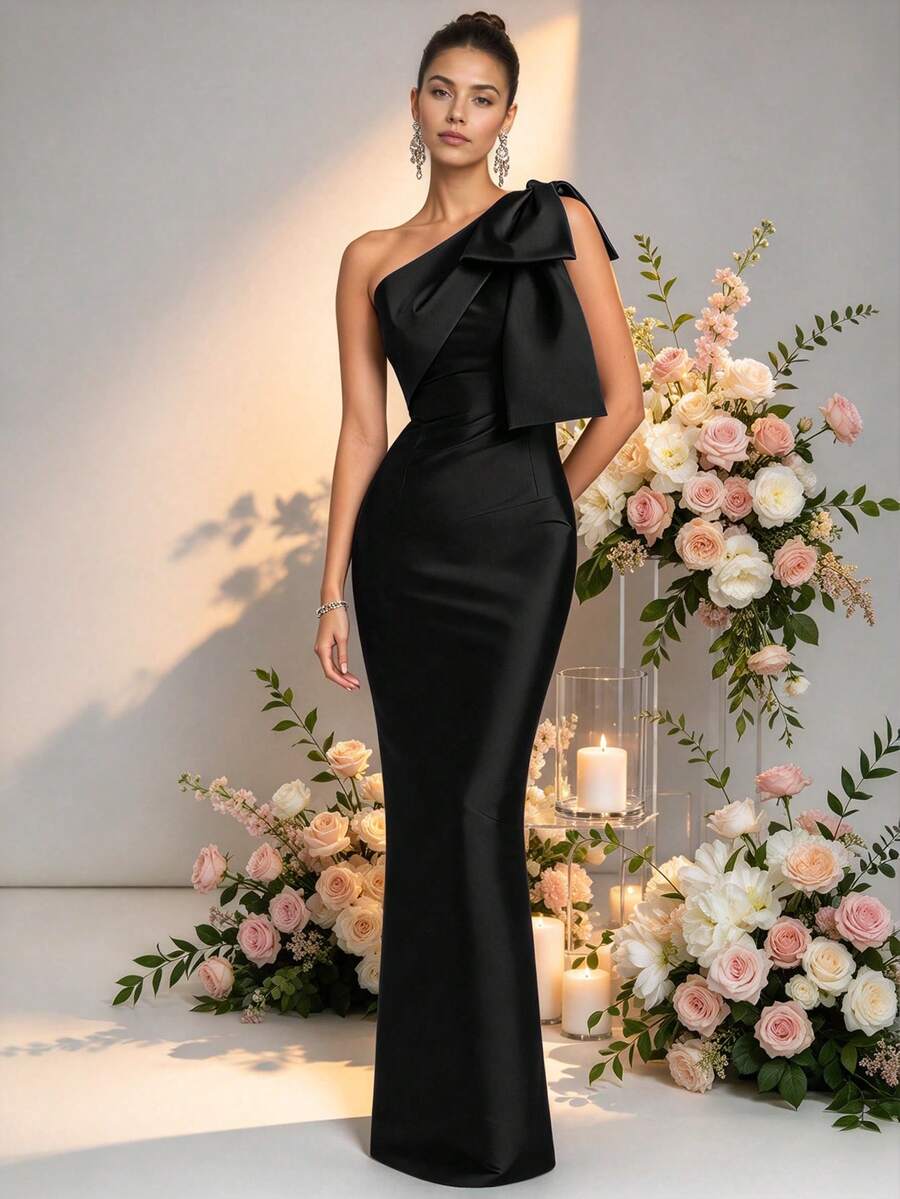 HOMEYEE Women's Navy Blue Fitted Maxi Dress, Elegant Solid Color Party Cocktail Formal Gown With Bow Tie Detail Wedding Black Spring Fall