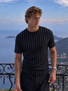 Camvyn Super Cooling! Men's Casual Fashion Classic Mountain Stream Crinkle Short Sleeve T-Shirt - Black - View 1