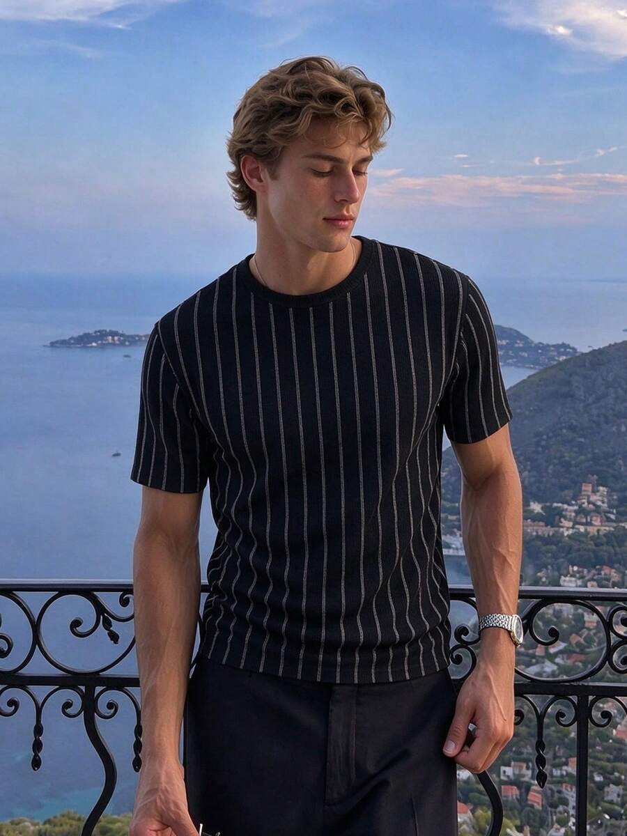 Camvyn Super Cooling! Men's Casual Fashion Classic Mountain Stream Crinkle Short Sleeve T-Shirt - Black - View 1