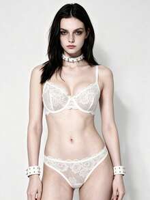 Lounge Court 1 Set Women's Solid Color Lace Bra & Panty Set, With Underwire Comfort Lingerie Bridallingerie - White - View 3