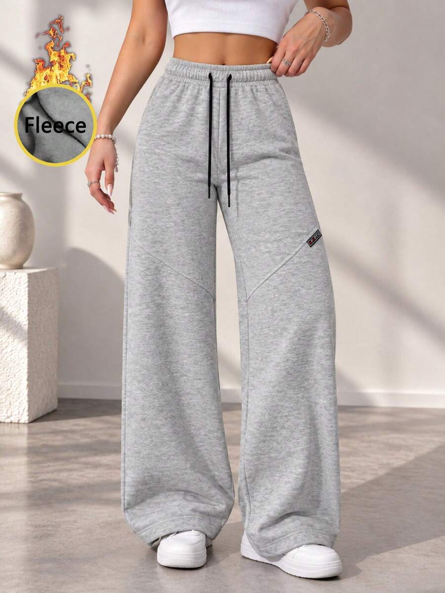 Women Gray Thermal Lined Sweatpants Wide Leg Pants Drawstring Elastic Waist Loose Fit V Seam Detail Casual Winter Pants - Grey - View 1