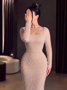 Luxury Women's Long Sleeve Square Neck Sequin & Pearl Fitted Pencil Dress, Romantic Bodycon Evening Gown With Zipper, Suitable For Formal Occasions - Champagne - View 6