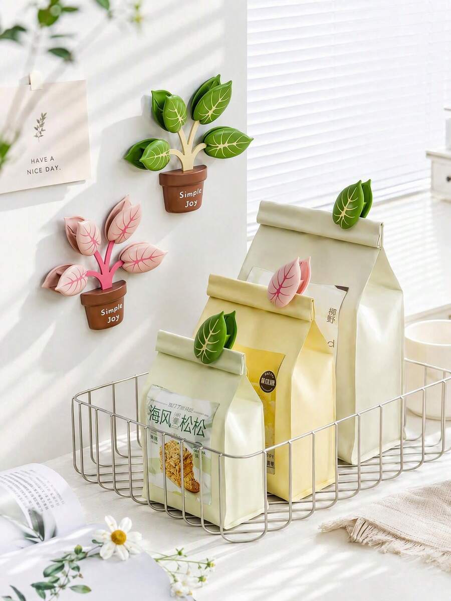 10pcs/5pcs Creative Closed Clips - Potted Plants - Refrigerator Magnetic Food Storage Clips In Rustic Style - Sealing Clips Magnetic Stickers - Refrigerator Decor - Cabinet Decor - A - View 1