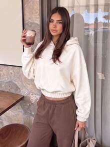 Women's White Polyester Short Long Sleeve Hooded Sweatshirt, Casual Short Daily Top, Slightly Elastic Fabric - Apricot - View 5