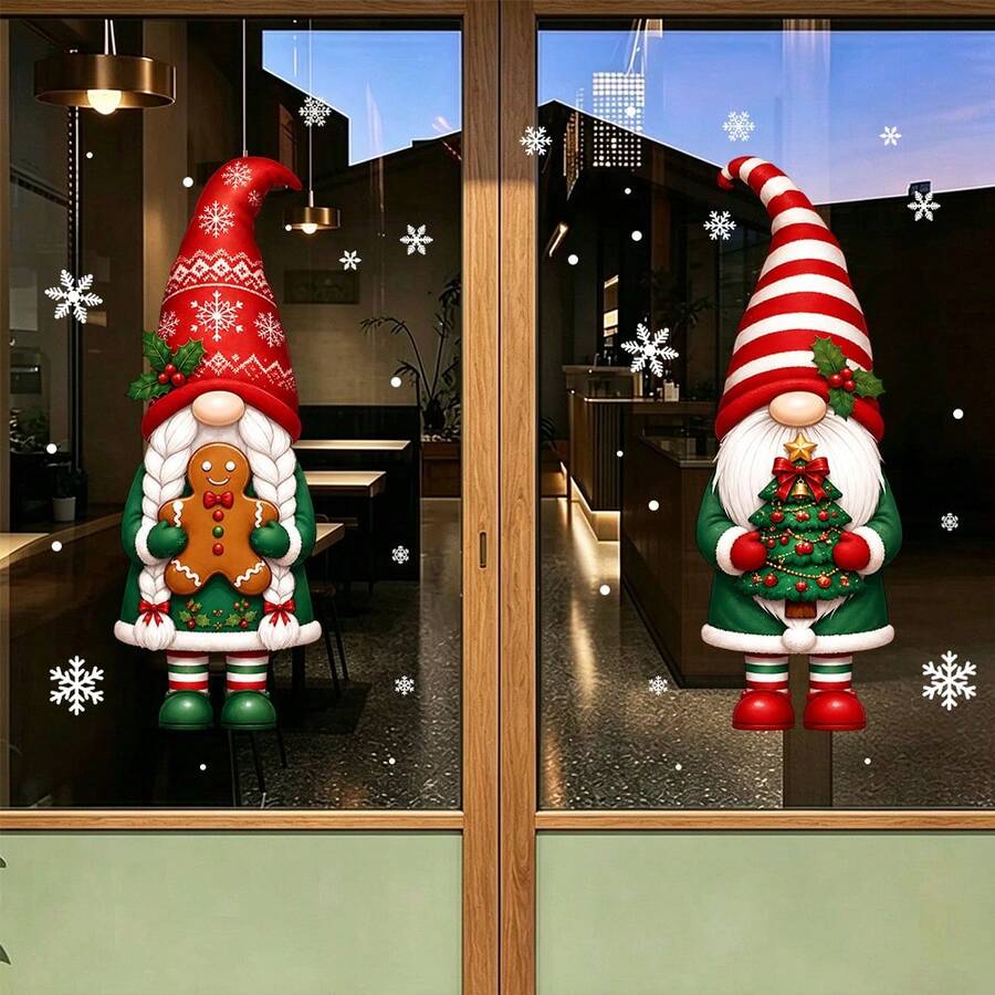 1/3Pcs Christmas Gnome Static Window Clings, Static Cling Reusable, Xmas Gnomes, Gingerbread Man, Christmas Tree & Wreath Print, For Home & Shop Window, Christmas Home Decor - Multicolor - View 1
