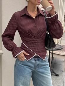 Women's Brown Striped Criss-Cross Design Long Sleeve Shirt - Brown - View 2