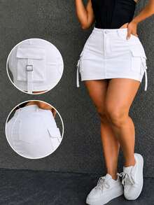 Plus Size Denim Cargo Mini Skirt, High Waist Slim Fit Denim Skirt With Functional Pockets, Y2K Street Style Summer Casual - White - View 1