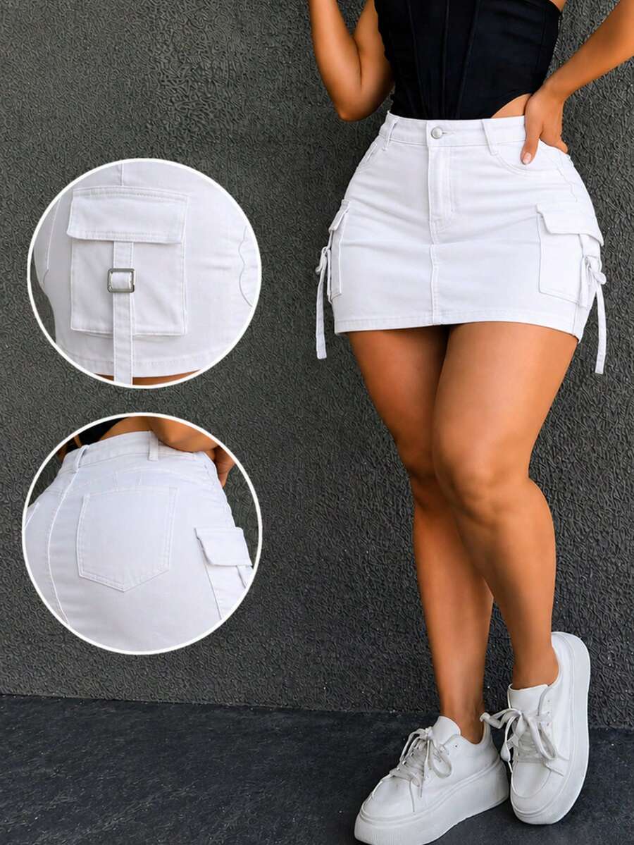 Plus Size Denim Cargo Mini Skirt, High Waist Slim Fit Denim Skirt With Functional Pockets, Y2K Street Style Summer Casual - White - View 1