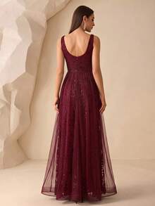 Elegant Mermaid Style Formal Evening Gown, Women's Sleeveless V-Neck Contrast Color Sequin Mesh Party Dress, Suitable For Prom, Wedding Guest, Graduation Ceremony, Autumn - Burgundy - View 2
