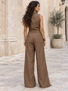 Women's Brown Sleeveless Collared Top And High-Waisted Wide-Leg Pants 2 Pieces Set, Slim Fit Waist, Loose Drape Pants, Suitable For Late Summer/Early Autumn Commuting, Vacation And Daily Wear - Mocha Brown - View 3