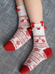 1/3/6 Pairs Women's Christmas Red Mid-Calf Socks, Printed With Santa Claus, Snowman, Reindeer Patterns, Suitable For Christmas Outfits - Multicolor - View 5