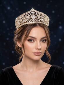 1pc Women's Vintage Baroque Crystal Crown Gold Rhinestone Tiara For Bridal Wedding Prom Party Hair Accessory - Multicolor - View 2
