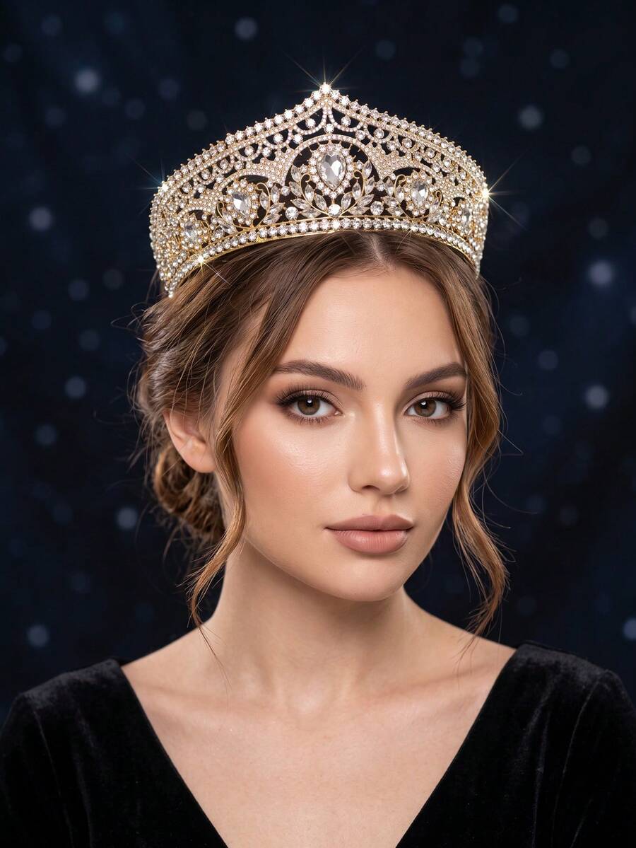1pc Women's Vintage Baroque Crystal Crown Gold Rhinestone Tiara For Bridal Wedding Prom Party Hair Accessory