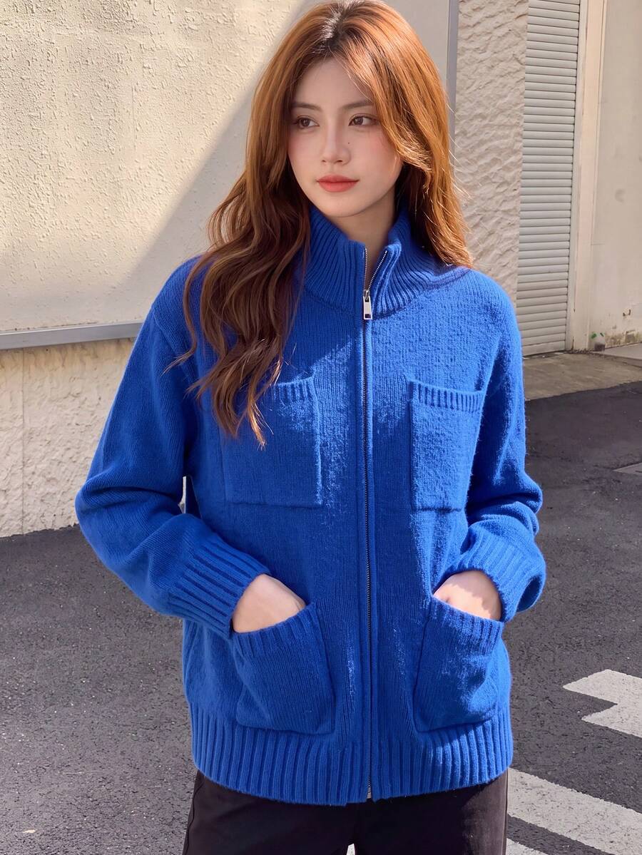 Women's Autumn/Winter Casual Minimalist Multi-Pocket Design Stand Collar Zip-Up Cardigan Jacket - Blue - View 1