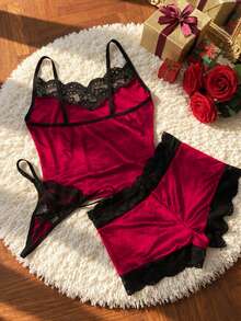 Bộ đồ ngủ sexy nhung vintage màu đỏ rượu vang, áo camisole phối ren đen, quần short và quần lót dây G-string mặc nhà - Đỏ - Xem 2