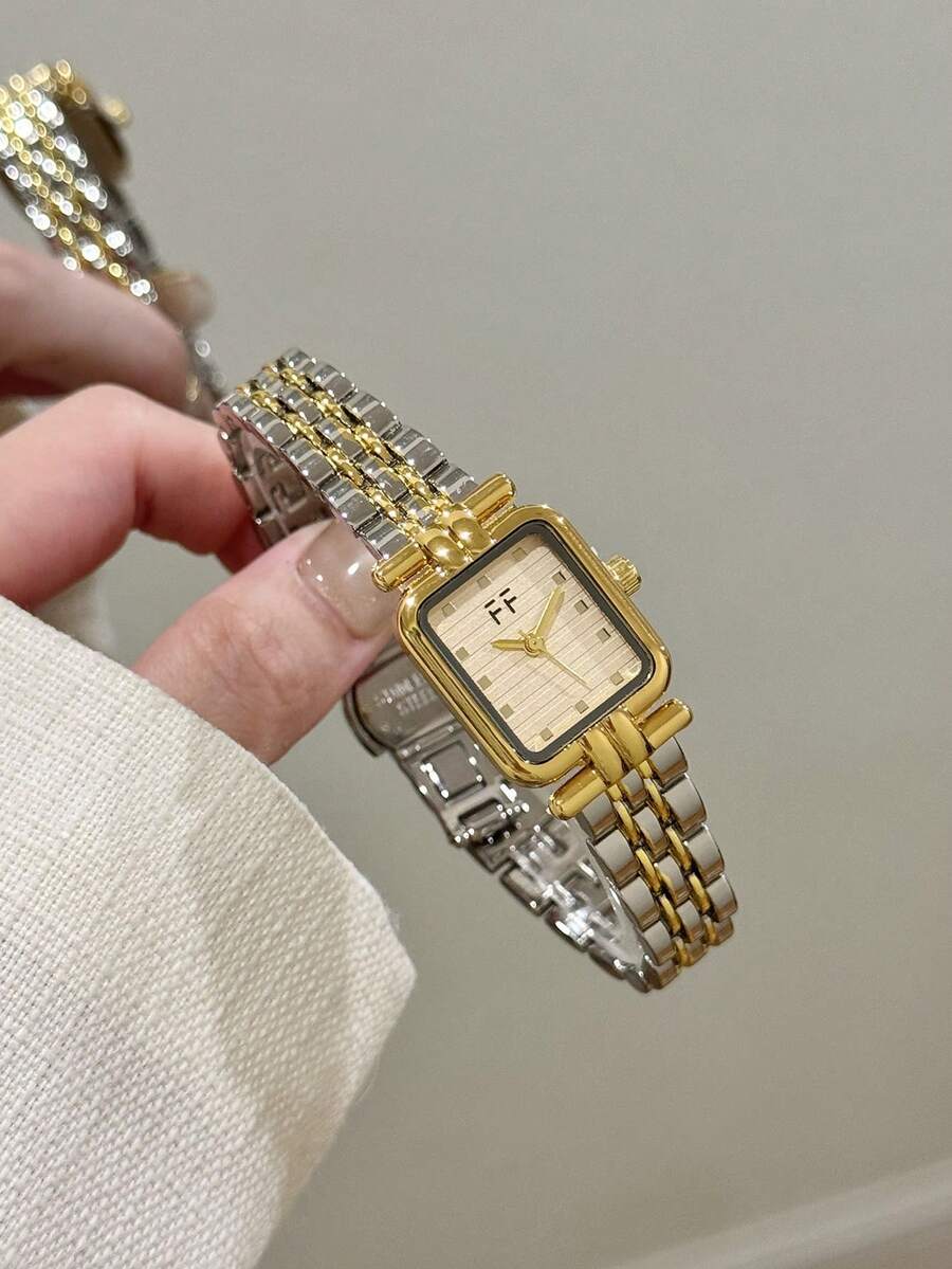 優雅女款石英手錶，金銀雙色錶帶，圓形與方形金屬錶盤，精緻刻度，適合日常佩戴 - 銀間金 - 查看 1