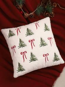 Miater 1pc/2pcs Christmas Decorative Pillow Case, Plush Embroidered Snowflake Christmas Tree Bow, Winter Sofa Living Room Bedroom Home Decor Party Holiday Gift - Green - View 6