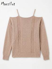 Plus Size Women Fall Winter Spaghetti Strap Cold Shoulder Knit Sweater, Long Sleeve Pullover For Commute Date & Daily Outing - Mocha Brown - View 6
