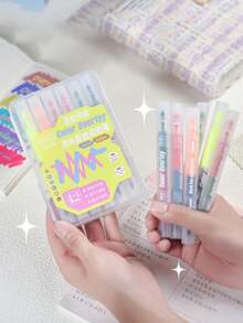 6PCs Dual-Tip Dual-Color Fluorescent Pens, Triangular Easy-Grip Barrel, Smooth Writing, Large Ink Capacity, Suitable For Highlighting, Note-Taking, Journal Decoration, Daily Study, Office Work. - Double-ended Dual-color Highlighter - View 8