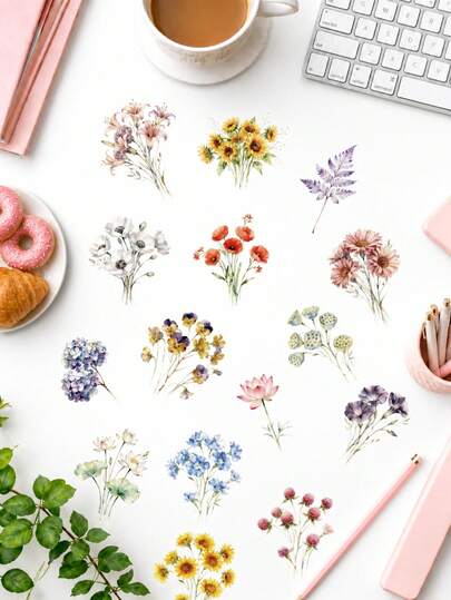 50Pcs Aesthetic Watercolor Floral Sticker Pack, Delicate Mixed Wild Flower Bouquet Botanical PET Decals For Laptop Water Bottle Journal Scrapbook DIY Decor