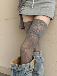 Women's Black Hollow Lace Over-The-Knee Socks, High Elasticity Anti-Slip, French Sexy High Heel Matching Long Socks - Multicolor - View 3