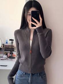 Women's Casual Minimalist Slimming Zip-Up Cardigan Sweater Knit Jacket, Autumn/Winter - Grey - View 1