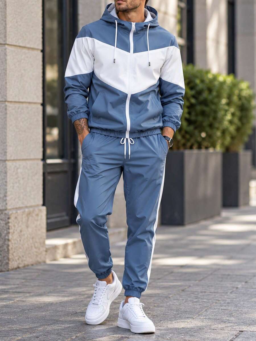 Men's Autumn Colorblock 2 Pieces Sports Set, Hooded Zip-Up Jacket + Side Stripe Jogger Pants, Casual Streetwear Daily Outfit - Blue - View 1