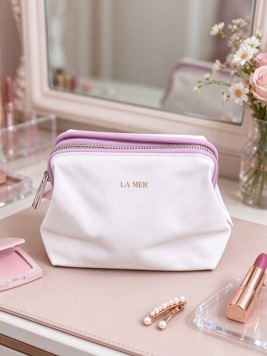 La Mer LAMER Light Pink Trapezoid Cosmetic Pouch, Zipper Makeup Storage Bag, Portable Travel Toiletry Organizer Gift Bag - Baby Pink - View 1