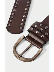Noxbound 1pc Women's Coffee-Colored PU Leather Punk Style Double Row Rivet Decor Belt, Versatile Accessory Summer, School Fall, Autumn, Halloween - Coffee Brown - View 3
