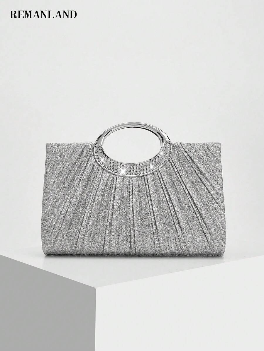 REMANLAND Fashionable Silver Glitter Handbag, Radiating Pleats With Rhinestone Ring Handle, Elegant Evening Purse For Weddings, Galas, Dinners And Parties - Silver - View 1