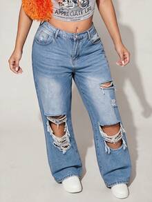 Plus Size Casual Daily Denim Jeans With Pockets And Buttons, Distressed High Waist Design, Suitable For Women's Autumn Fashion, Disco And Party Wear - Blue - View 8