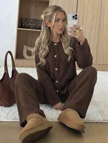 Women's Fall Winter 2 Piecesa Stylish Brown Soft Knitted Cardigan Paired With Wide-Leg Knit Pants, Perfect For Everyday Wear And Commuting. - Brown - View 2