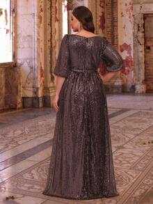 MGIACY Plus Size Fall Winter Elegant Surplice V-Neck Puff 3/4 Sleeve Sequin A-Line Maxi Dress Evening Gown For Party Wedding Prom Festival - Watermelon Pink - View 3