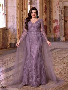 Plus Size Fall Winter Elegant Beaded Rhinestone Embellished Lace Tulle A-Line Maxi Dress, V-Neck Sheer Long Sleeve Sweep Train Gown For Party Wedding - Dusty Pink - View 6
