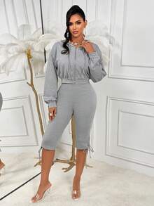 Women's Gray 2 Pieces Matching Set, Cropped Zip-Up Hoodie & Drawstring Hem Capri Pants, Casual Fall Outfit For Travel & Daily Wear - Grey - View 6