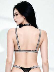 Lounge Court 1set Women's Sexy Black Deep V Lace Lingerie Set With Silver Threads, Includes Bra And Panty Two Pieces Set Women Set - Black - View 2