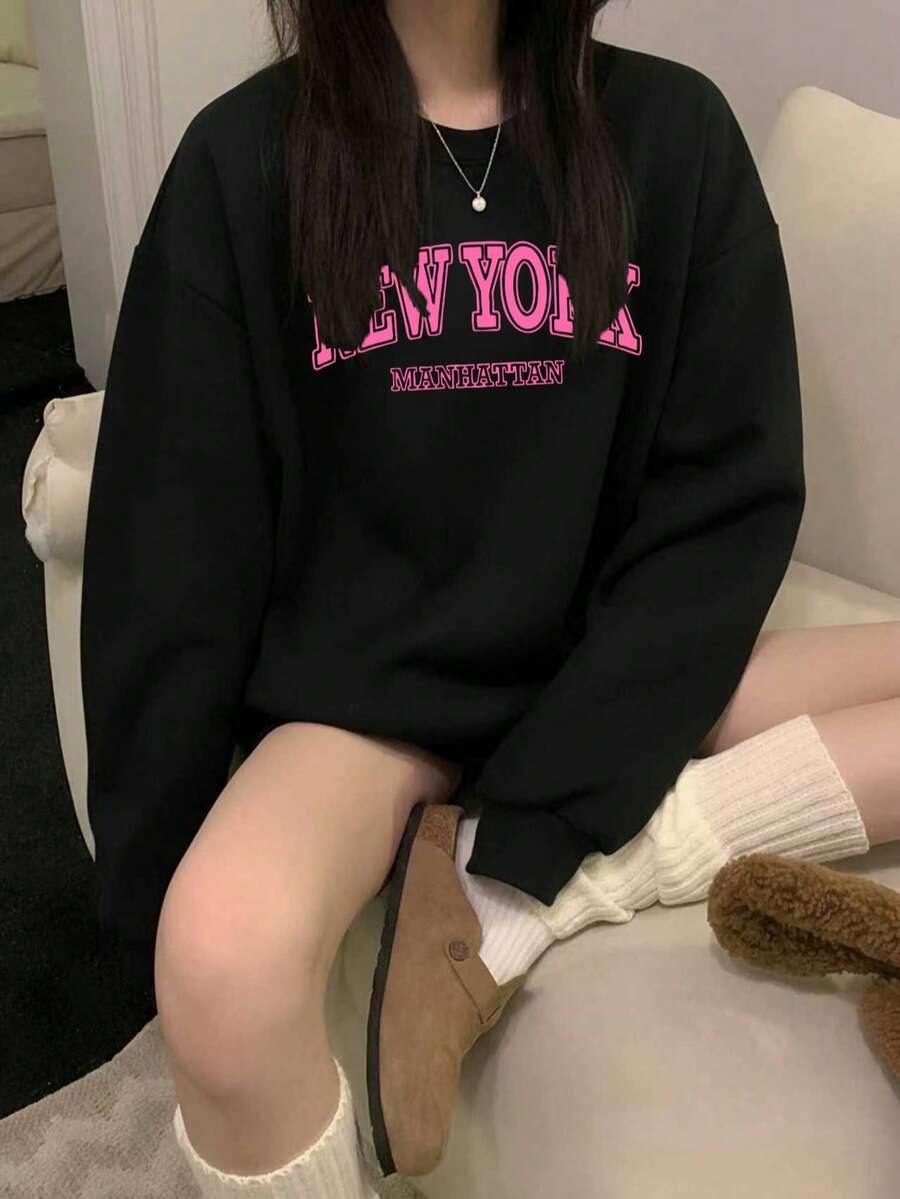 Minimalist Large Letter NEW YORK Print Loose Crew Neck Sweatshirt, Black Slimming Everyday Versatile Autumn/Winter Layering Sweatshirt - Black - View 1