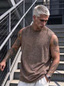 Simple Studio | Men's Vintage Rugged Style Washed Short Sleeve Tank Top | Suitable For Summer Wear | Comfortable & Breathable | Leading Fashion - Brown - View 3
