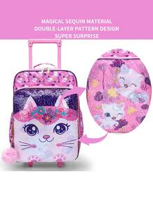 Girs Wheeled Suitcase, Pink Double-Sided Cartoon Kitty Cat Sequins Design, Carry-On Suitcase, Suitable For Weekend Vacation, Nighttime Reflective. - Pink - View 8