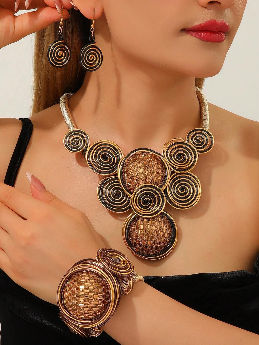 1 Set Handmade Heavy Beaded Exaggerated Multi-Layer Fashion Vintage Bohemian European & American Evening Party Vacation Style South Asian Style Necklace, Earrings, Bracelet - Gold - View 1