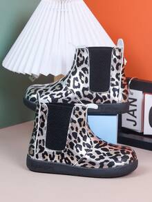 Children's Leopard Print Chelsea Boots, Side Elastic Band Slip-On Ankle Boots, Suitable For Girls Autumn/Winter Wear - Silver - View 4