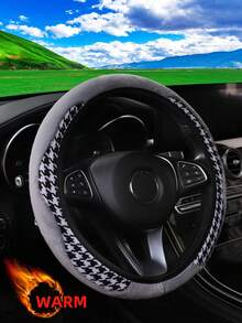 MEIKAXIU 1pc Winter Rabbit Fur Plush Soft Comfortable Non-Slip Car Steering Wheel Cover Without Inner Ring, Suitable For 15 Inch, Black & Red, Car Interior Accessory For Men & Women - Houndstooth Plush Style - View 14