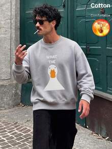 Men's Fleece Crew Neck Sweatshirt, Cartoon Duck Graphic & Text, Y2K Style, Autumn/Winter - Heather Gray - View 5