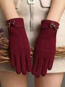 1 Pair Women's Bow Touchscreen Warm Gloves, Christmas Red Thick Windproof Gloves, Suitable For Cycling, Driving, Daily Wear, Party, Winter Holiday - Gloves - View 5