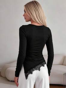 Women's Black Round Neck Long Sleeve Long Top, Asymmetrical Hem With Eyelash Lace Patchwork - Black - View 4
