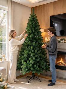 1pc Dense Artificial Christmas Tree, Thick Pine Needle Foliage, Black Metal Base, Undecorated Bare Tree, Festive Decor Ornament, Suitable For Indoor Home And Store Christmas Decoration - Multicolor - View 2