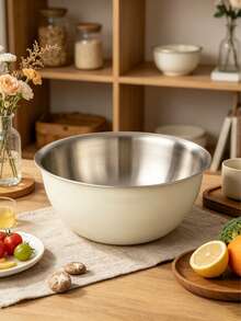 Cream White Stainless Steel Salad Bowl, Deep Cooking Basin, Thickened Mixing Bowl. Matte Cream White Exterior With Brushed Stainless Steel Interior, Rounded Rim For Handling. Large Capacity Deep Basin Design, Easy To Mix Salad Without Spilling, Also Suitable For Baking, Marinating, Fruit And Vegetable Washing. Sturdy And Durable Body, Smooth Interior, Easy To Clean With Water. Simple And Elegant Appearance, Perfect For Kitchen Prep Or Serving Light Meals Directly On The Table To Create A Fresh Dining Atmosphere. 1pc/3pcs - Cream - View 7